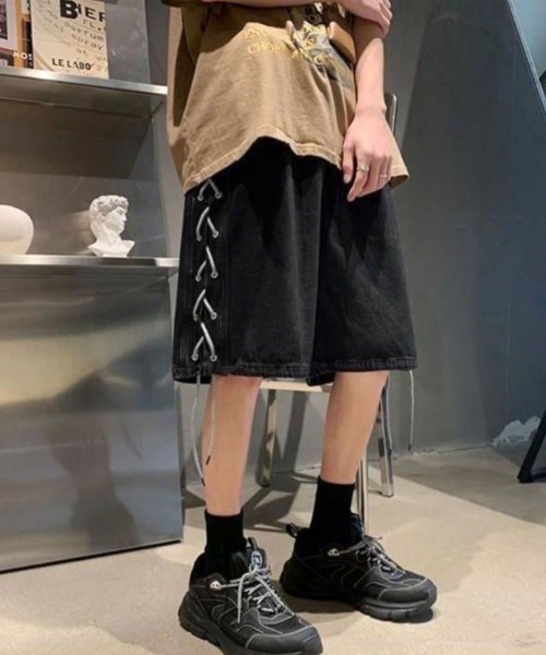 AsaAura(アサオーラ)の「レースアップハーフデニムパンツメンズ夏服(その他パンツ・メンズ・ブラック/サックスブルー・M/L)」の3枚目の写真
