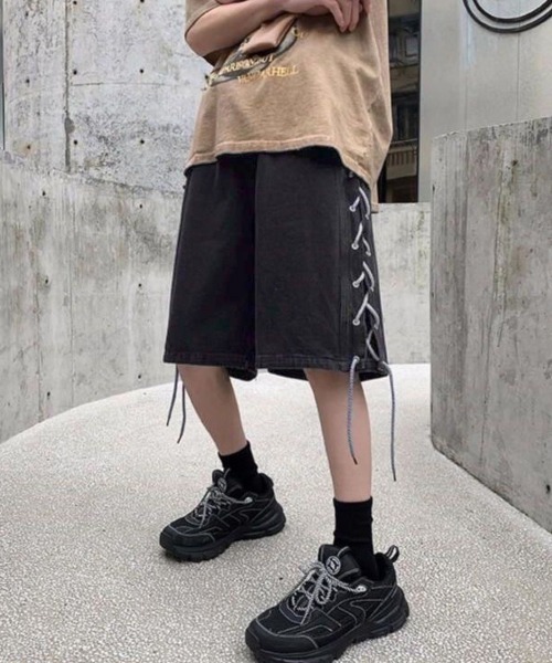 AsaAura(アサオーラ)の「レースアップハーフデニムパンツメンズ夏服(その他パンツ・メンズ・ブラック/サックスブルー・M/L)」の4枚目の写真