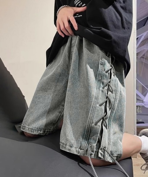 AsaAura(アサオーラ)の「レースアップハーフデニムパンツメンズ夏服(その他パンツ・メンズ・ブラック/サックスブルー・M/L)」の6枚目の写真