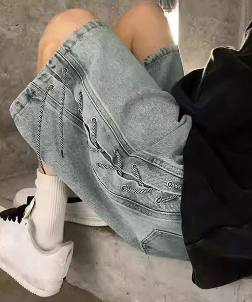 AsaAura(アサオーラ)の「レースアップハーフデニムパンツメンズ夏服(その他パンツ・メンズ・ブラック/サックスブルー・M/L)」の8枚目の写真