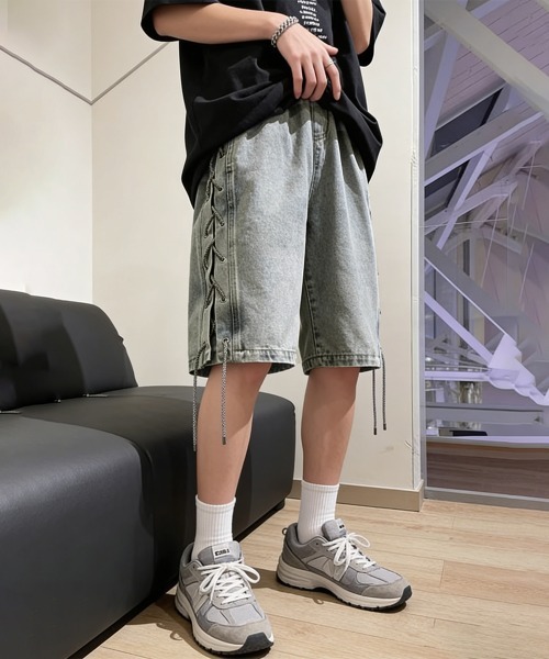 AsaAura(アサオーラ)の「レースアップハーフデニムパンツメンズ夏服(その他パンツ・メンズ・ブラック/サックスブルー・M/L)」の10枚目の写真