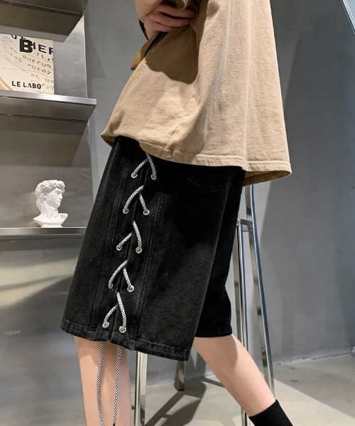AsaAura(アサオーラ)の「レースアップハーフデニムパンツメンズ夏服(その他パンツ・メンズ・ブラック/サックスブルー・M/L)」の11枚目の写真