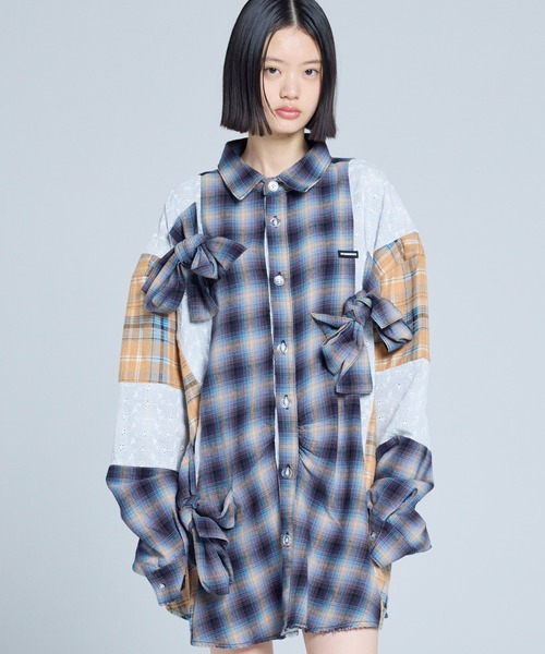 Little sunny bite(リトルサニーバイト)の「littlesunnybite/リトルサニーバイト/check ribbon shirts(シャツ/ブラウス・レディース・グリーン/ピンク/ネイビー・M/S)」の2枚目の写真