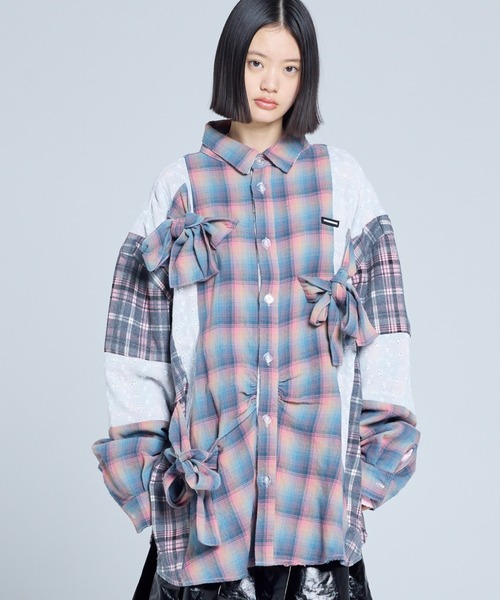 Little sunny bite(リトルサニーバイト)の「littlesunnybite/リトルサニーバイト/check ribbon shirts(シャツ/ブラウス・レディース・グリーン/ピンク/ネイビー・M/S)」の3枚目の写真