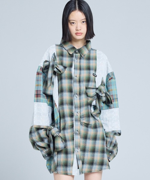 Little sunny bite(リトルサニーバイト)の「littlesunnybite/リトルサニーバイト/check ribbon shirts(シャツ/ブラウス・レディース・グリーン/ピンク/ネイビー・M/S)」の1枚目の写真
