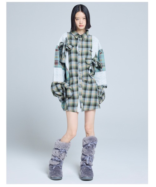 Little sunny bite(リトルサニーバイト)の「littlesunnybite/リトルサニーバイト/check ribbon shirts(シャツ/ブラウス・レディース・グリーン/ピンク/ネイビー・M/S)」の4枚目の写真