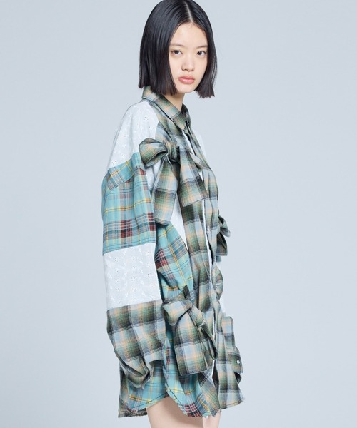 Little sunny bite(リトルサニーバイト)の「littlesunnybite/リトルサニーバイト/check ribbon shirts(シャツ/ブラウス・レディース・グリーン/ピンク/ネイビー・M/S)」の5枚目の写真