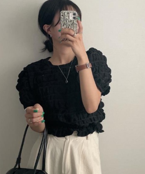 semplice（センプリチェ）の「Ｔシャツ【韓国ファッション】（Tシャツ/カットソー・レディース・ブラック/ホワイト・F）」の4枚目の写真