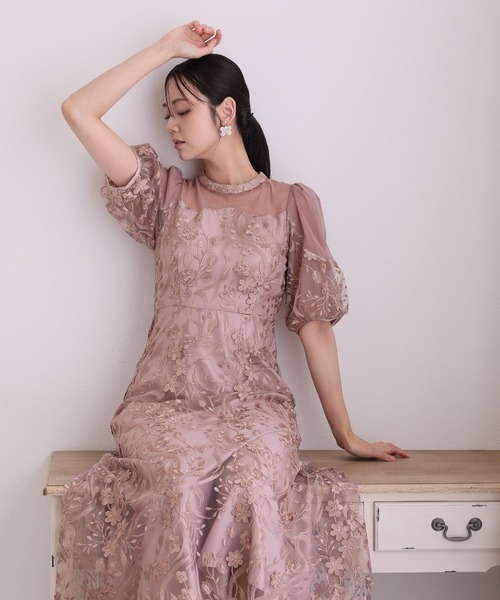 PourVous(プールヴー)の「ミモレ丈&七分袖 フォーマル シアーチュール Aライン エンブロイダリー セレモニー 結婚式二次会 パーティードレス オケージョンドレス お呼ばれ 同窓会成人式(ドレス・レディース・チャコール/ブルーグレー/ピンク/ブラック・M)」の4枚目の写真