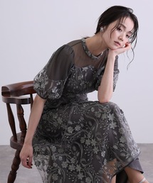 ミモレ丈&七分袖 フォーマル シアーチュール Aライン エンブロイダリー セレモニー 結婚式二次会 パーティードレス オケージョンドレス お呼ばれ 同窓会成人式