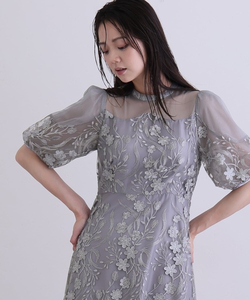 PourVous(プールヴー)の「ミモレ丈&七分袖 フォーマル シアーチュール Aライン エンブロイダリー セレモニー 結婚式二次会 パーティードレス オケージョンドレス お呼ばれ 同窓会成人式(ドレス・レディース・チャコール/ブルーグレー/ピンク/ブラック・M)」の3枚目の写真