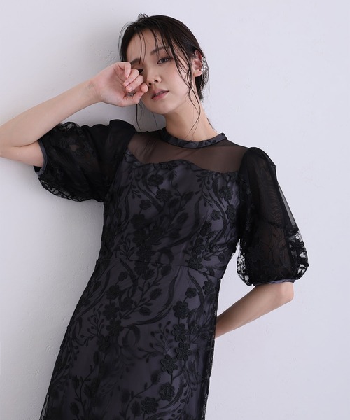 PourVous(プールヴー)の「ミモレ丈&七分袖 フォーマル シアーチュール Aライン エンブロイダリー セレモニー 結婚式二次会 パーティードレス オケージョンドレス お呼ばれ 同窓会成人式(ドレス・レディース・チャコール/ブルーグレー/ピンク/ブラック・M)」の2枚目の写真