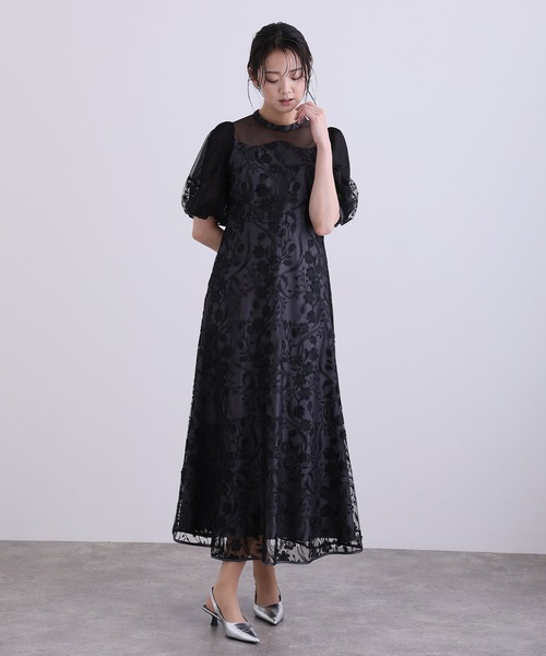 PourVous(プールヴー)の「ミモレ丈&七分袖 フォーマル シアーチュール Aライン エンブロイダリー セレモニー 結婚式二次会 パーティードレス オケージョンドレス お呼ばれ 同窓会成人式(ドレス・レディース・チャコール/ブルーグレー/ピンク/ブラック・M)」の5枚目の写真