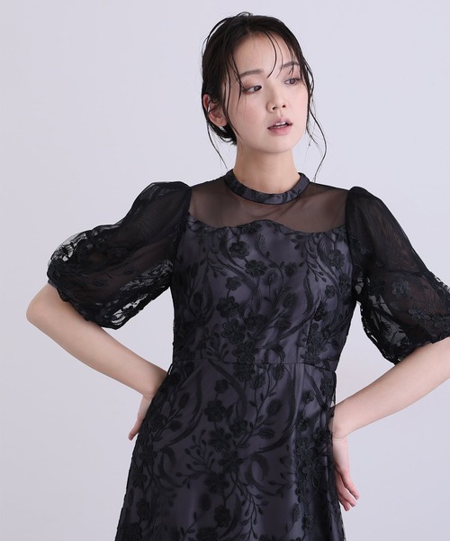 PourVous(プールヴー)の「ミモレ丈&七分袖 フォーマル シアーチュール Aライン エンブロイダリー セレモニー 結婚式二次会 パーティードレス オケージョンドレス お呼ばれ 同窓会成人式(ドレス・レディース・チャコール/ブルーグレー/ピンク/ブラック・M)」の6枚目の写真