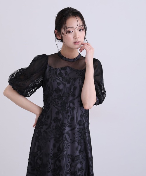 PourVous(プールヴー)の「ミモレ丈&七分袖 フォーマル シアーチュール Aライン エンブロイダリー セレモニー 結婚式二次会 パーティードレス オケージョンドレス お呼ばれ 同窓会成人式(ドレス・レディース・チャコール/ブルーグレー/ピンク/ブラック・M)」の7枚目の写真