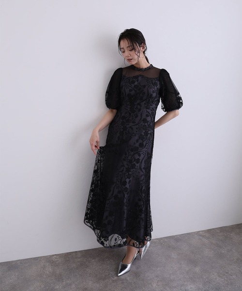 PourVous(プールヴー)の「ミモレ丈&七分袖 フォーマル シアーチュール Aライン エンブロイダリー セレモニー 結婚式二次会 パーティードレス オケージョンドレス お呼ばれ 同窓会成人式(ドレス・レディース・チャコール/ブルーグレー/ピンク/ブラック・M)」の8枚目の写真