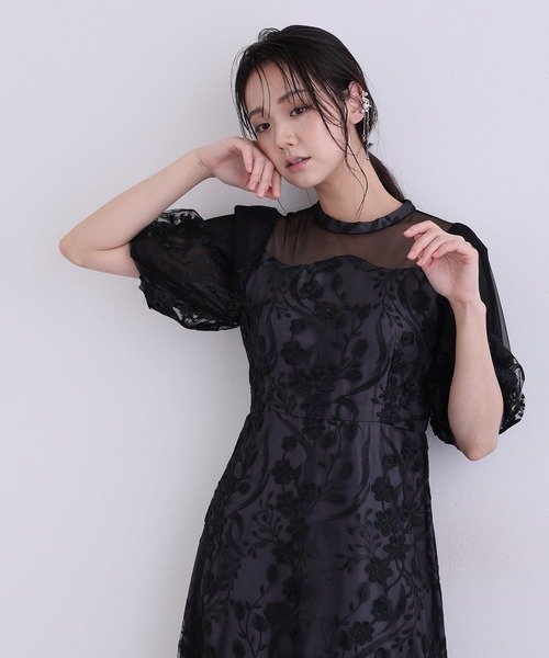 PourVous(プールヴー)の「ミモレ丈&七分袖 フォーマル シアーチュール Aライン エンブロイダリー セレモニー 結婚式二次会 パーティードレス オケージョンドレス お呼ばれ 同窓会成人式(ドレス・レディース・チャコール/ブルーグレー/ピンク/ブラック・M)」の15枚目の写真