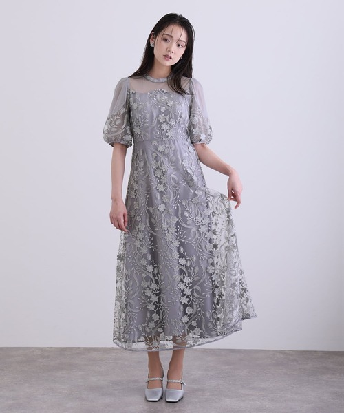 PourVous(プールヴー)の「ミモレ丈&七分袖 フォーマル シアーチュール Aライン エンブロイダリー セレモニー 結婚式二次会 パーティードレス オケージョンドレス お呼ばれ 同窓会成人式(ドレス・レディース・チャコール/ブルーグレー/ピンク/ブラック・M)」の16枚目の写真