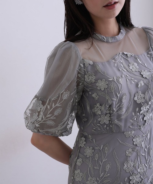 PourVous(プールヴー)の「ミモレ丈&七分袖 フォーマル シアーチュール Aライン エンブロイダリー セレモニー 結婚式二次会 パーティードレス オケージョンドレス お呼ばれ 同窓会成人式(ドレス・レディース・チャコール/ブルーグレー/ピンク/ブラック・M)」の20枚目の写真