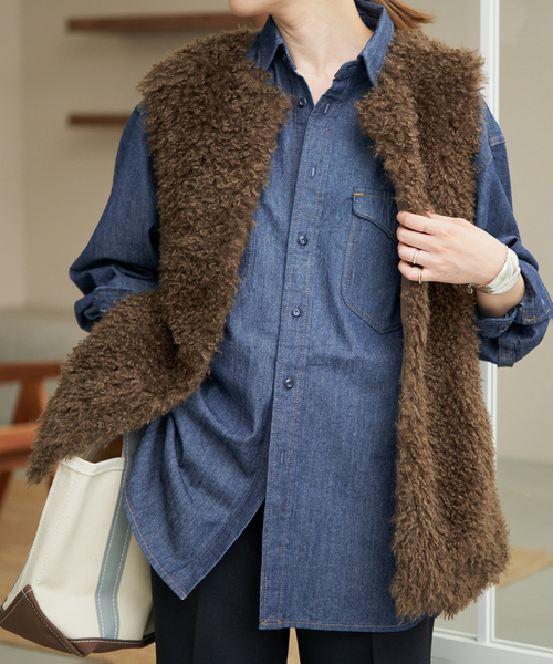 SLOBE IENA(スローブイエナ)の「《シリーズあり/》LEDENIM NOUVEAU BDU デニムシャツ(シャツ/ブラウス・レディース・ネイビー/スカイブルー・FREE)」の1枚目の写真