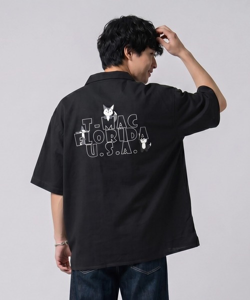 セール】【T-MAC】のぞきキツネ刺繍 綿ツイル 半袖開襟シャツ（シャツ