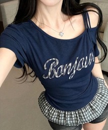 チェックパッチロゴワンショルフリルTシャツ