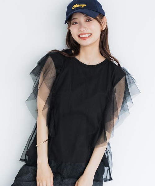 coca(coca)(コカ)の「チュールレイヤードフレンチスリーブTシャツ(Tシャツ/カットソー・レディース・ホワイト/ブラック・S/M/L)」の1枚目の写真