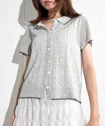 6C80 配色スカラップ 透かし編みニットシャツ