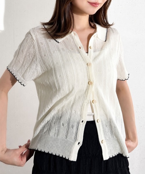 MAISON SELECT(メゾンセレクト)の「6C80 配色スカラップ 透かし編みニットシャツ(ニット/セーター・レディース・グレー/アイボリー/グリーン/ネイビー・FREE)」の1枚目の写真