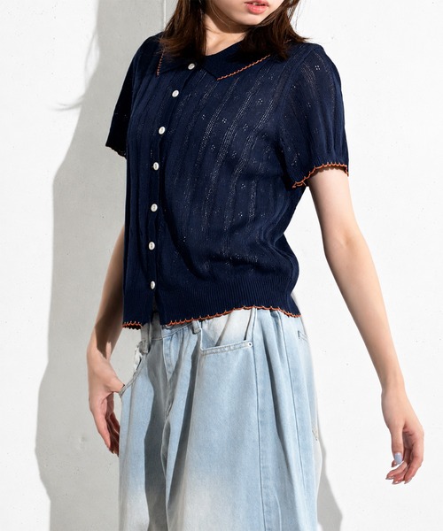MAISON SELECT(メゾンセレクト)の「6C80 配色スカラップ 透かし編みニットシャツ(ニット/セーター・レディース・グレー/アイボリー/グリーン/ネイビー・FREE)」の4枚目の写真