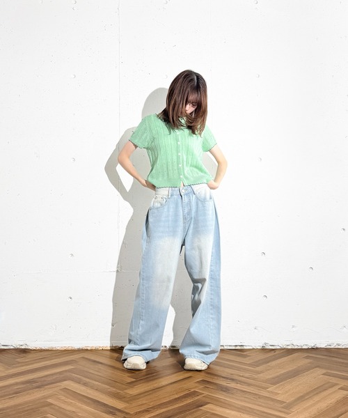 MAISON SELECT(メゾンセレクト)の「6C80 配色スカラップ 透かし編みニットシャツ(ニット/セーター・レディース・グレー/アイボリー/グリーン/ネイビー・FREE)」の6枚目の写真