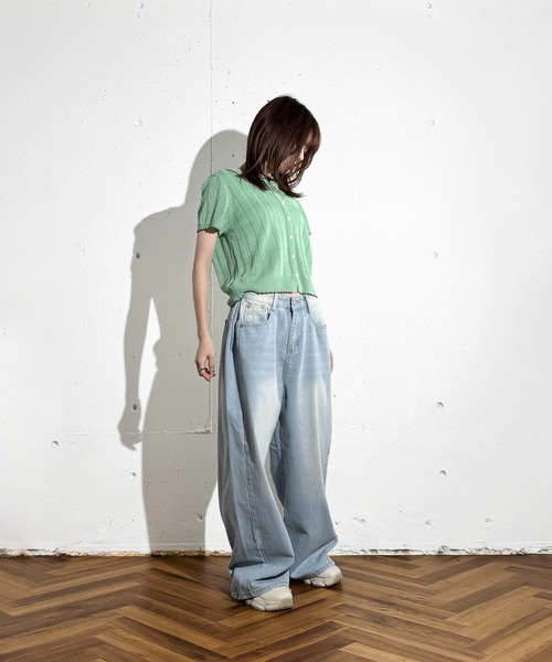 MAISON SELECT(メゾンセレクト)の「6C80 配色スカラップ 透かし編みニットシャツ(ニット/セーター・レディース・グレー/アイボリー/グリーン/ネイビー・FREE)」の7枚目の写真