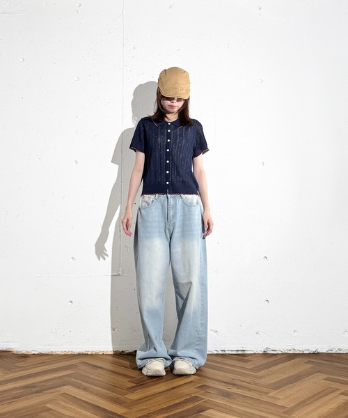 MAISON SELECT(メゾンセレクト)の「6C80 配色スカラップ 透かし編みニットシャツ(ニット/セーター・レディース・グレー/アイボリー/グリーン/ネイビー・FREE)」の11枚目の写真