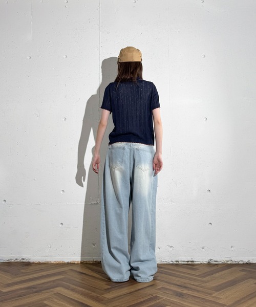 MAISON SELECT(メゾンセレクト)の「6C80 配色スカラップ 透かし編みニットシャツ(ニット/セーター・レディース・グレー/アイボリー/グリーン/ネイビー・FREE)」の14枚目の写真