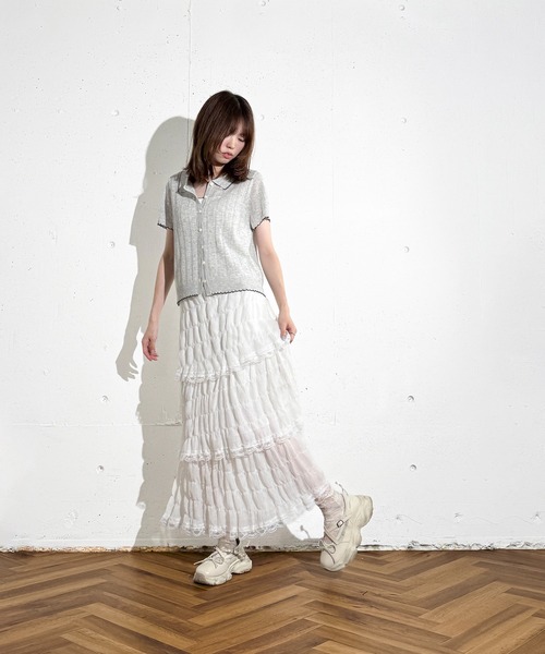 MAISON SELECT(メゾンセレクト)の「6C80 配色スカラップ 透かし編みニットシャツ(ニット/セーター・レディース・グレー/アイボリー/グリーン/ネイビー・FREE)」の16枚目の写真