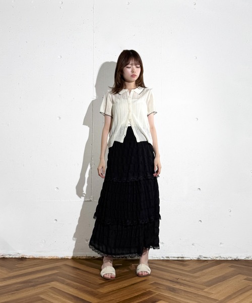 MAISON SELECT(メゾンセレクト)の「6C80 配色スカラップ 透かし編みニットシャツ(ニット/セーター・レディース・グレー/アイボリー/グリーン/ネイビー・FREE)」の20枚目の写真