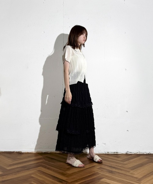 MAISON SELECT(メゾンセレクト)の「6C80 配色スカラップ 透かし編みニットシャツ(ニット/セーター・レディース・グレー/アイボリー/グリーン/ネイビー・FREE)」の21枚目の写真