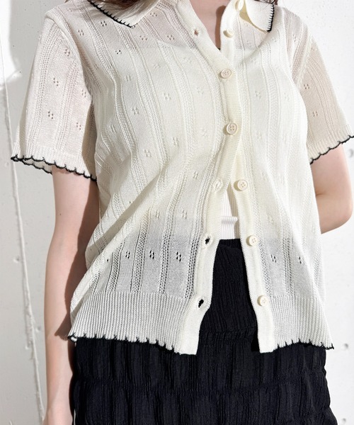 MAISON SELECT(メゾンセレクト)の「6C80 配色スカラップ 透かし編みニットシャツ(ニット/セーター・レディース・グレー/アイボリー/グリーン/ネイビー・FREE)」の5枚目の写真