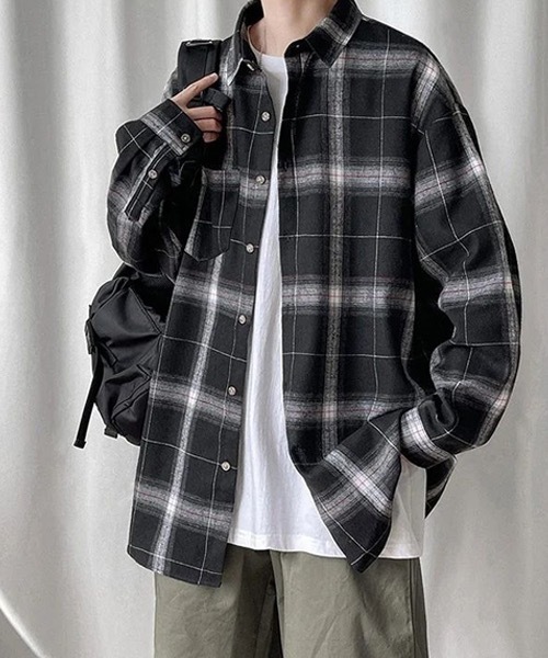 WARAIJOGO(ワライジョウゴ)の「【WARAIJOGO】ルーズシルエットネルチェック長袖シャツ/ネルシャツ③(NEZ)(シャツ/ブラウス・メンズ・ブラック・FREE)」の4枚目の写真