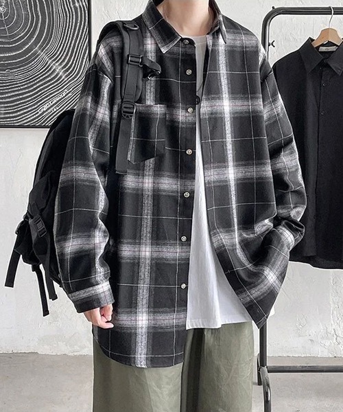 WARAIJOGO(ワライジョウゴ)の「【WARAIJOGO】ルーズシルエットネルチェック長袖シャツ/ネルシャツ③(NEZ)(シャツ/ブラウス・メンズ・ブラック・FREE)」の7枚目の写真