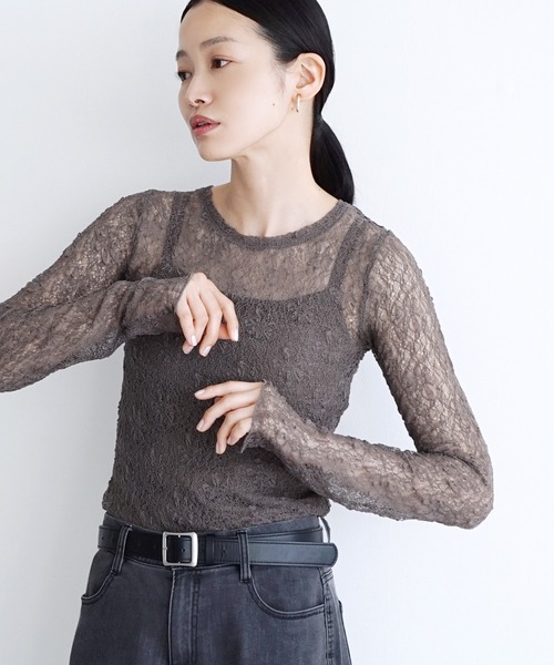 e-zakkamania stores（イーザッカマニアストアーズ）の「ストレッチレース クルーネックカットソー（Tシャツ/カットソー・レディース・ブラック/アッシュグレー/オフホワイト/スモークピンク・フリー）」の4枚目の写真