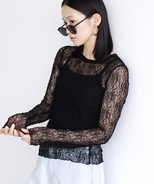 e-zakkamania stores（イーザッカマニアストアーズ）の「ストレッチレース クルーネックカットソー（Tシャツ/カットソー・レディース・ブラック/アッシュグレー/オフホワイト/スモークピンク・フリー）」の3枚目の写真