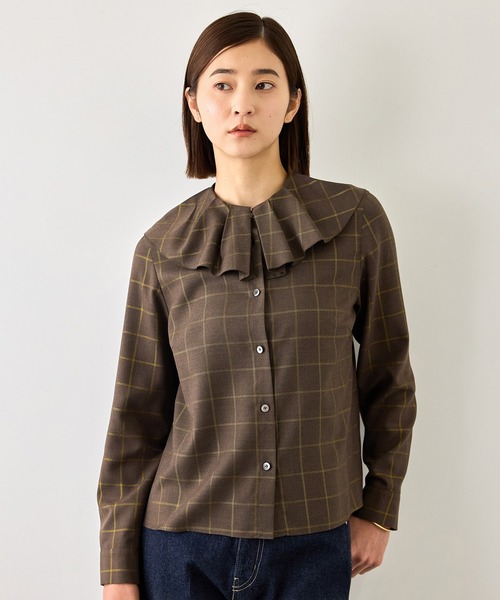 ROPE'（ロペ）の「【J'aDoRe・一部店舗限定サイズ】ラメチェックフリルカラーブラウス/セットアップ対応・イージーケア（シャツ/ブラウス・レディース・ブラウン系その他2・38）」の10枚目の写真