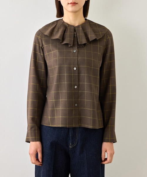ROPE'（ロペ）の「【J'aDoRe・一部店舗限定サイズ】ラメチェックフリルカラーブラウス/セットアップ対応・イージーケア（シャツ/ブラウス・レディース・ブラウン系その他2・38）」の12枚目の写真