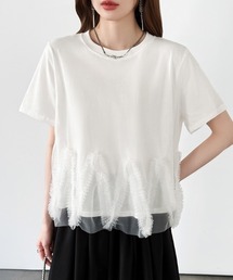 チュールフリルTシャツ チュールドッキング トップス チュールフリル トップス 半袖 カットソー レイヤード フリルトップス 夏服