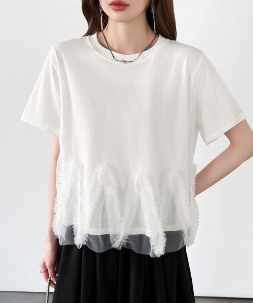 COCOMOMO（ココモモ）の「チュールフリルTシャツ チュールドッキング トップス チュールフリル トップス 半袖 カットソー レイヤード フリルトップス 夏服（Tシャツ/カットソー・レディース・ブラック/ホワイト/ライトグレー・FREE）」の2枚目の写真