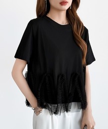 チュールフリルTシャツ チュールドッキング トップス チュールフリル トップス 半袖 カットソー レイヤード フリルトップス 夏服