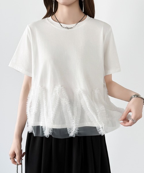 COCOMOMO（ココモモ）の「チュールフリルTシャツ チュールドッキング トップス チュールフリル トップス 半袖 カットソー レイヤード フリルトップス 夏服（Tシャツ/カットソー・レディース・ブラック/ホワイト/ライトグレー・FREE）」の9枚目の写真