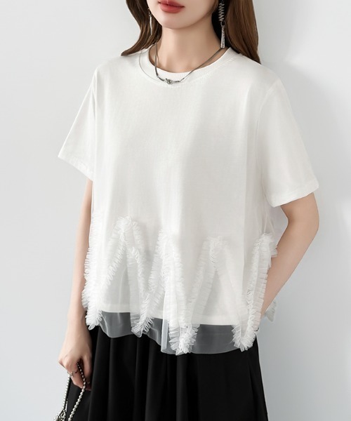 COCOMOMO（ココモモ）の「チュールフリルTシャツ チュールドッキング トップス チュールフリル トップス 半袖 カットソー レイヤード フリルトップス 夏服（Tシャツ/カットソー・レディース・ブラック/ホワイト/ライトグレー・FREE）」の20枚目の写真