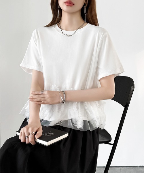 COCOMOMO（ココモモ）の「チュールフリルTシャツ チュールドッキング トップス チュールフリル トップス 半袖 カットソー レイヤード フリルトップス 夏服（Tシャツ/カットソー・レディース・ブラック/ホワイト/ライトグレー・FREE）」の21枚目の写真